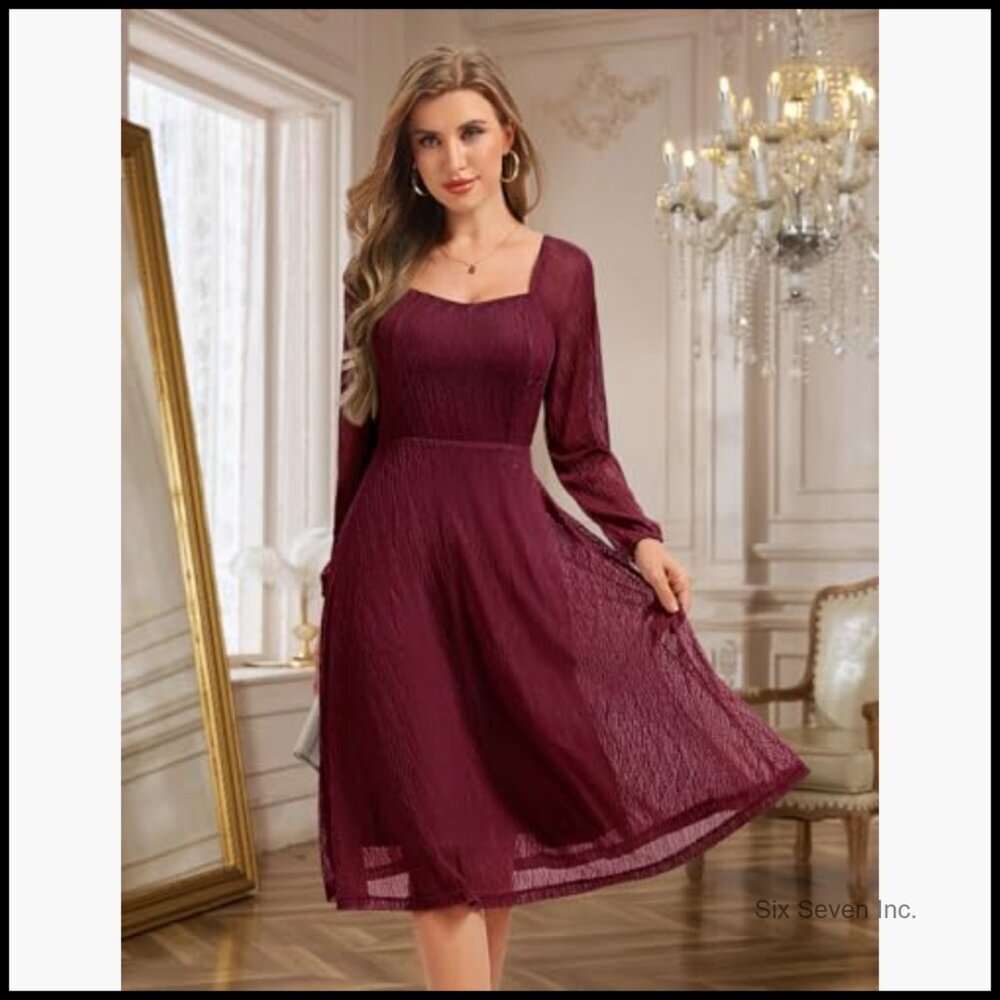 Nylon Spandex Lace Formal Dress Sweetheart Neck Long Sleeve Midi - Picture 5 of 7